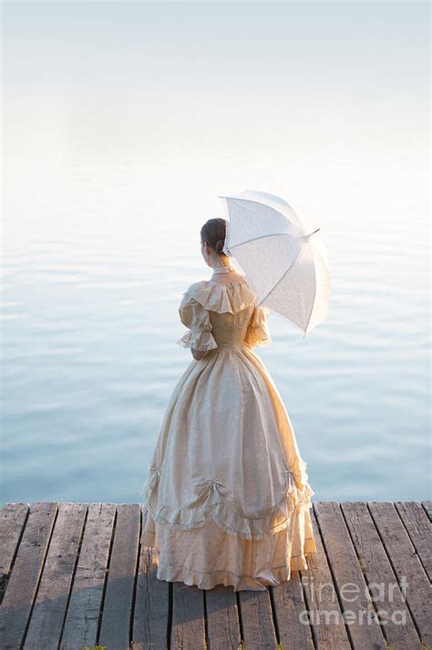 Victorian Woman With Parasol On A Wooden Jetty By A Lake Photograph By