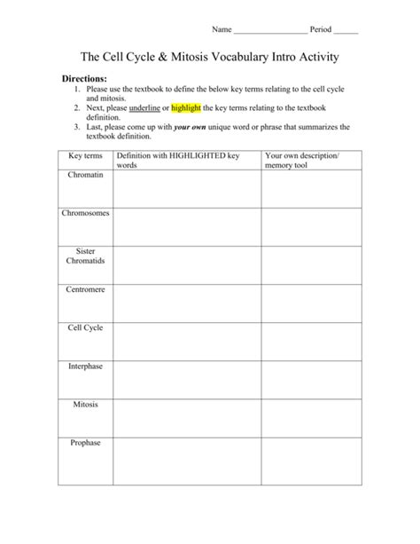 Cell Cycle And Mitosis Vocabulary Worksheet