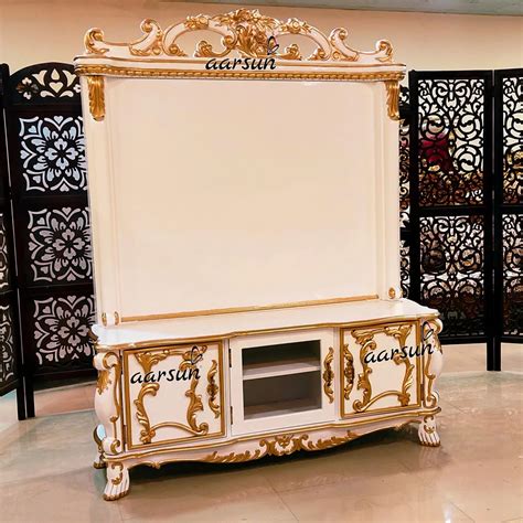 White & Gold TV Unit in Teak Wood YT-448