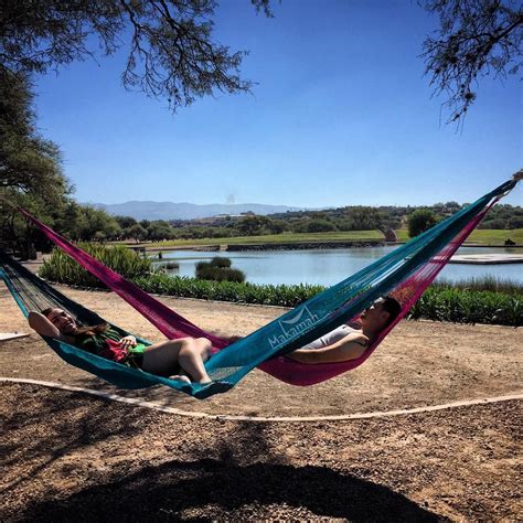 Two People Laying In Hammocks On The Ground Near A Lake And Some Trees