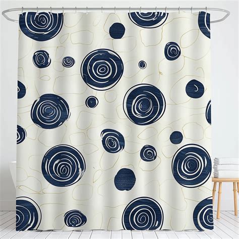 Kandinsky Style Navy Blue Cream Circle Pattern Shower Curtain Seamless Design For Bathroom White