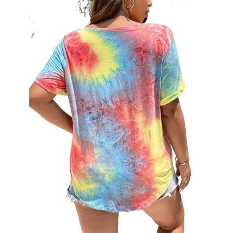 Casual Tie Dye V Neck Tee Short Sleeve Multicolor Plus Size T Shirts