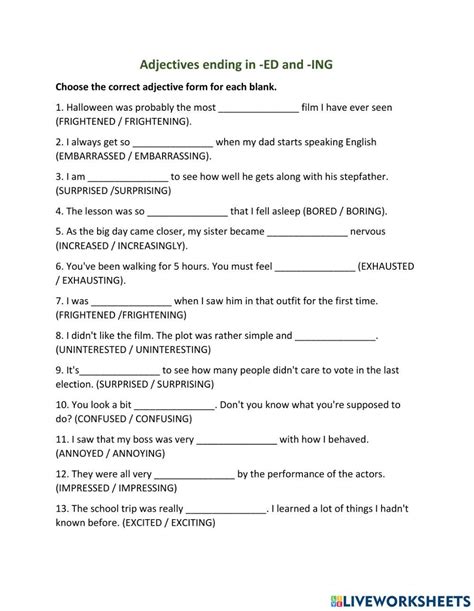 Adjective Ending Ed Ing Worksheet Live Worksheets