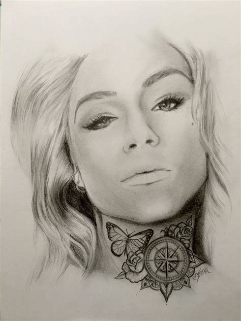 Graphite Pencil Portrait With Throat Tattoo Neck Tat Design By Mina Fordyce Throat Tattoo