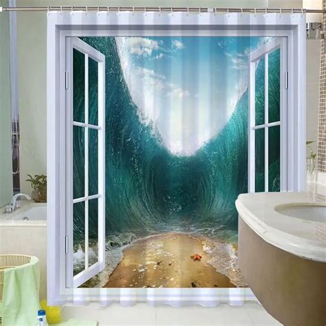 Tropical Landscape Shower Curtain 3d Open Window Ocean Beach Starshell