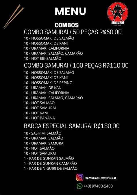 Menu Em Samurai Sushi Restaurante Florian Polis