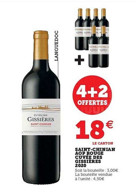 Promo Saint chinian Aop Rouge Cuvée Des Gissières 2020 chez Hyper U