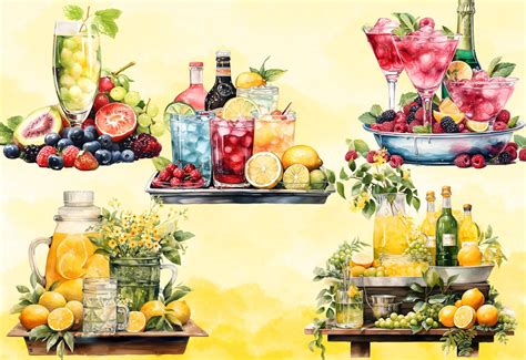 Watercolor Cocktails Clipart Summer Drink Clipart Mocktail Bar Display Clipart Signature