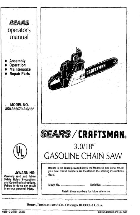 Craftsman 358356070 User Manual 3 0 18 IN SEARS GASOLINE CHAIN SAW