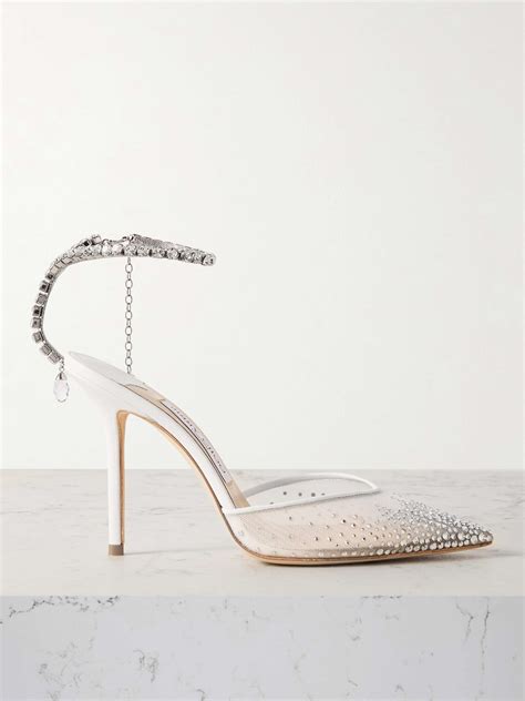 JIMMY CHOO Saeda 100 Crystal Embellished Leather Trimmed Mesh Pumps