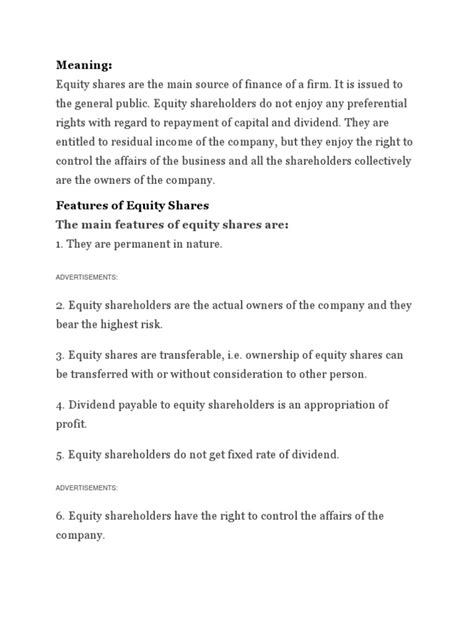 Meaning The Main Features Of Equity Shares Are Pdf Equity