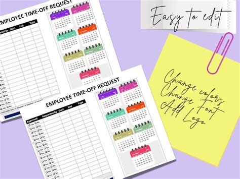 Employee Time off Request Calendar Template Editable Word - Etsy