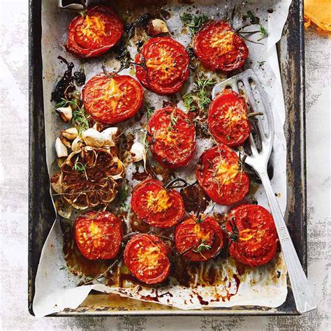 Roast Tomatoes With Garlic Thyme And Balsamic Recipe Roasted Tomatoes Veggie Dishes