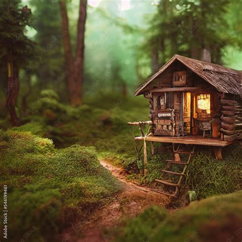 Cozy Wooden Cabin Lodge In Green Forest In Summer Stock Illustration