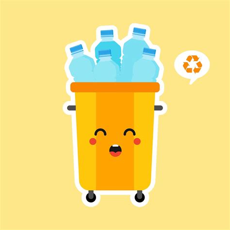 Kawaii And Cute Recycle Bin Cartoon Mascot Character Full With Plastic