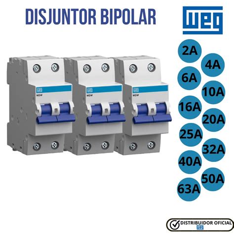 Disjuntor Weg Bipolar Mdw Curva C 2A 4A 6A 10A 16A 20A 25A 32A