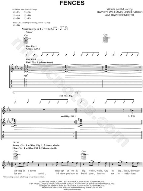 Paramore Fences Guitar Tab In C Minor Download And Print Sku Mn0063034