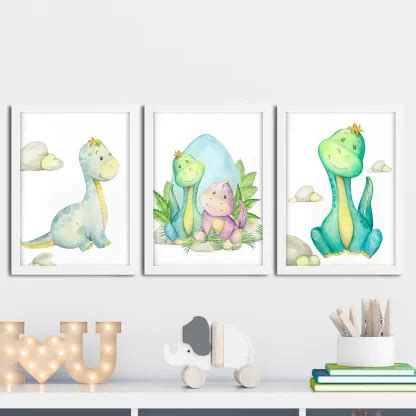 Kit 3 Quadros Decorativos Infantil Dinossauros Aquarela SKU 4440k