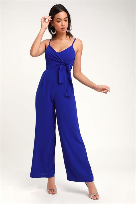 Breezy Royal Blue Jumpsuit Tie Front Jumpsuit Blue Jumpsuit Lulus