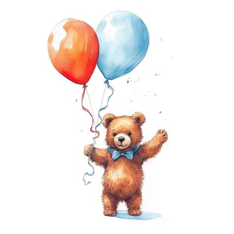 Premium Photo Watercolor Teddy Bear With Balloons Illustration Ai