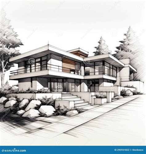 Serene Atmospheric Perspective Sketch of a Modern Luxury House Stock ...