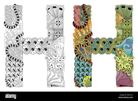 Hand Painted Art Design Letter H Zentangle Objects Colored And