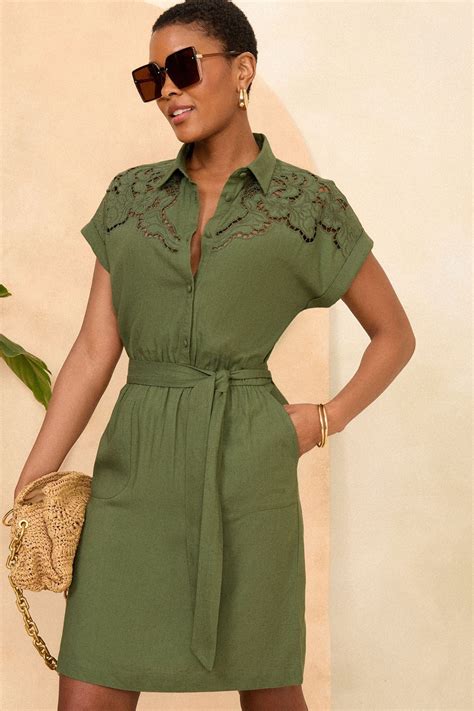 Buy Love And Roses Khaki Green 3 4 Sleeve Cutwork Mini Shirt Dress From