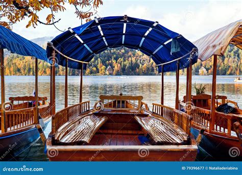 Traditional Wooden Boats On Lake Bled Slovenia Stock Image Image Of