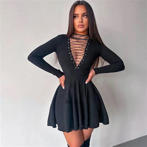 Mini Robe Trap Ze Sexy Lacets Pour Femmes Robes Manches Longues Tenues De Club V Tements