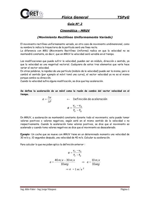 Guía 2 Cinemática MOVIMIENTO RECTILINEO UNIFORMEMENTE VARIADO