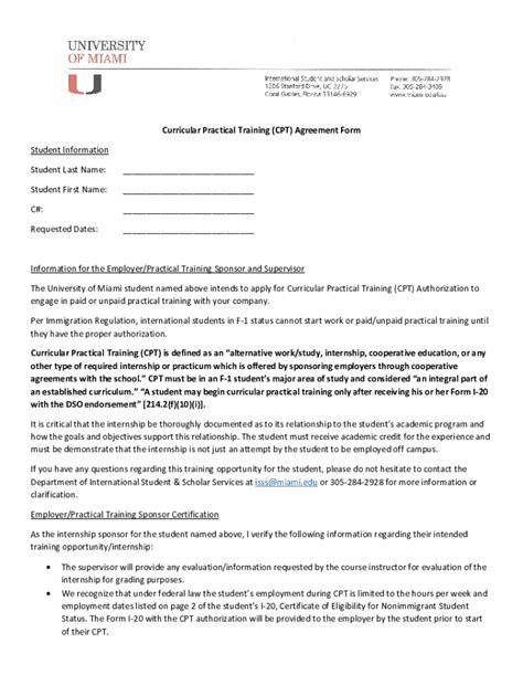 Fillable Online Curricular Practical Training Cpt Agreement Form Fax