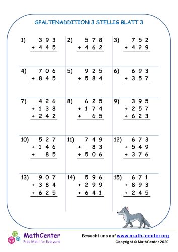 Vierte Klasse Arbeitsbl Tter Dreistellige Addition Mit Neugruppieren