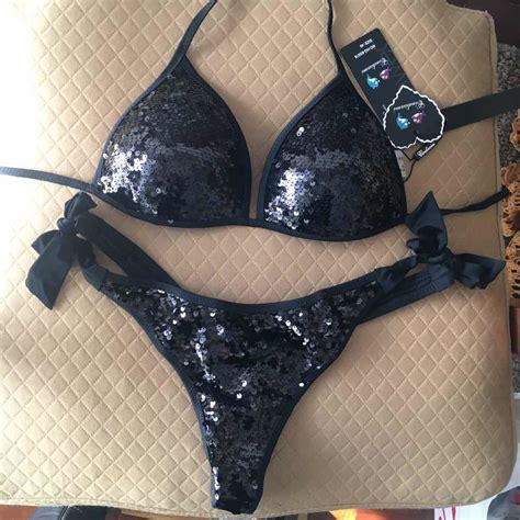 Bikini Tri Ngulo Armado Tanga Colaless Paillettes Negro Cuotas Sin