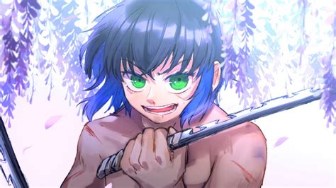 Demon Slayer Inosuke Hashibira With Green Eyes Having Weapon With