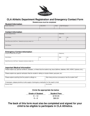 Fillable Online CLA Athletic Department Registration And Emergency