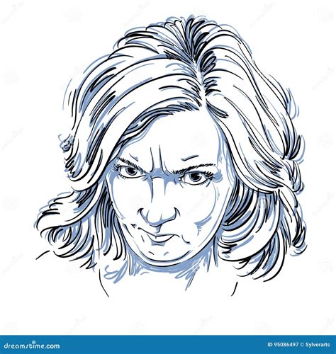 Vector Portrait Of Angry Woman With Wrinkles On Her Forehead Il