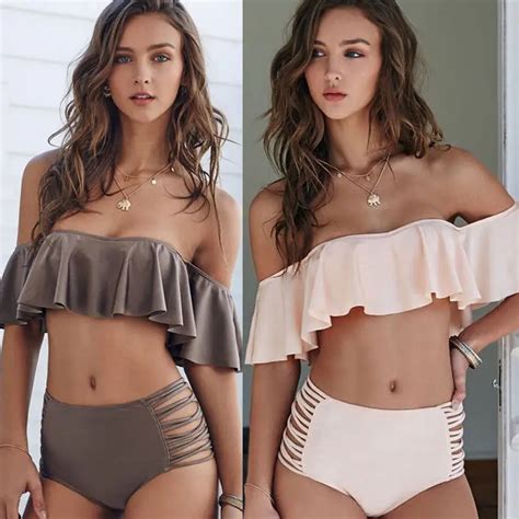 Off Shoulder Biquini Ruffle Bikini Retro Ruffle Swimwear 2016 Push Up