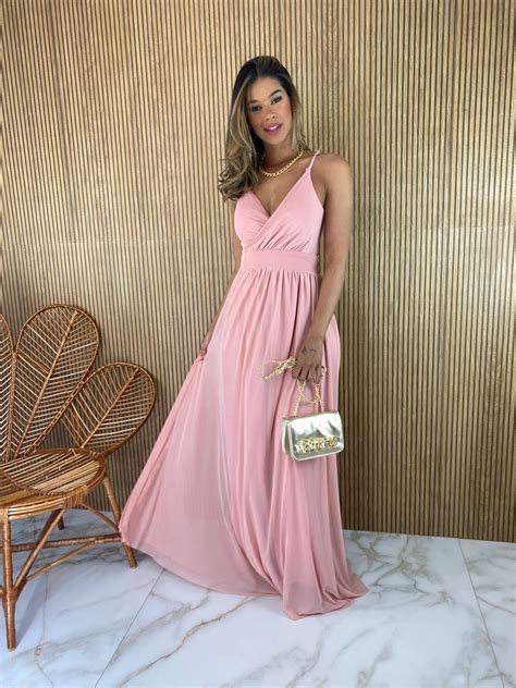 Vestido Longo Alça Regulável Bojo Tule Rose Fernanda Ramos Store