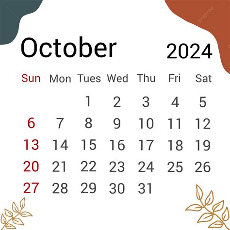 Calendario Simple Octubre 2024 Tema Bohemio Editable Gratis PNG