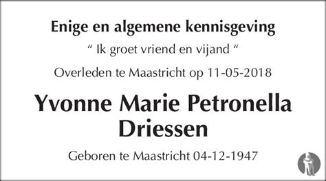 Yvonne Marie Petronella Driessen 11 05 2018 Overlijdensbericht En