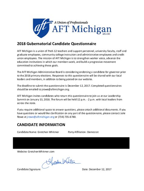 Fillable Online Whitmer AFT Michigan Candidate Questionnaire Docx Fax