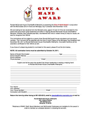 Fillable Online Rmhc Memphis Give A Hand Award Form Ronald Mcdonald