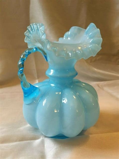 Blue Fenton Melon Pitcher Ruffle Edge And Bamboo Handle Antique Price Guide Details Page