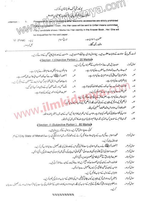 University Of Balochistan Ma Msc Islamiyat Paper History Of Islam Past