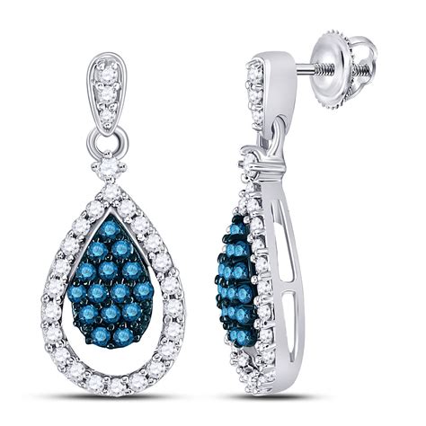 10kt White Gold Womens Round Blue Color Enhanced Diamond Teardrop