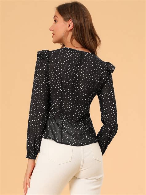 Womens Polka Dots Chiffon Top Elegant Crew Neck Ruffle Blouse