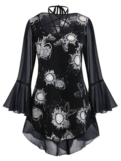 47 Off 2020 Plus Size Sun Print Strappy Bell Sleeve Sheer Blouse In