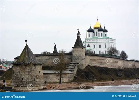 Stone Tower And Pskov Kremlin Fortress Wall Stock Image Image Of