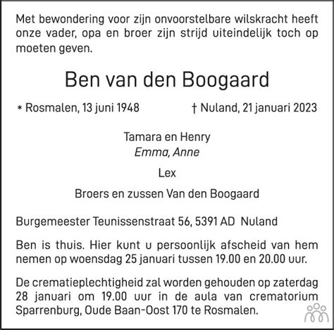 Ben Van Den Boogaard 21 01 2023 Overlijdensbericht En Condoleances