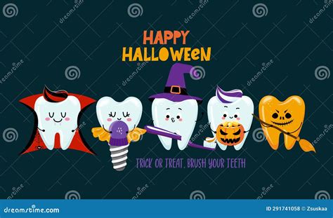 Trick Or Treat Brush Your Teeth Tooth In Witch Costume With Broom And Witch Hat Stock Vector